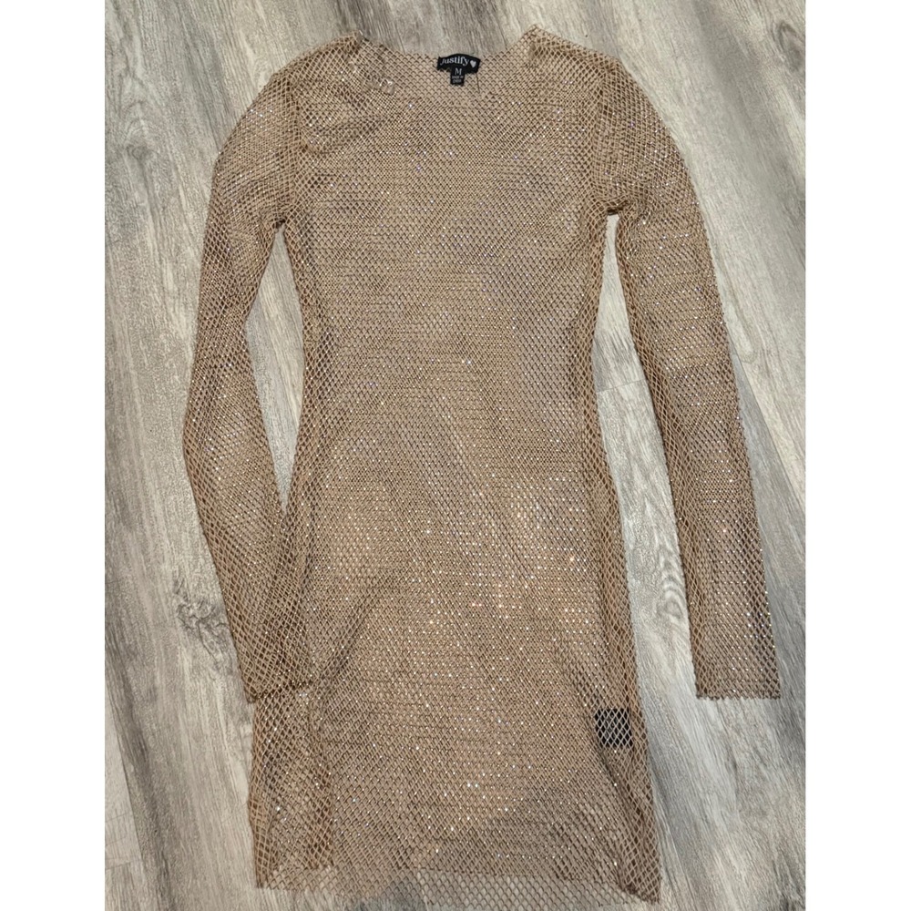 Justify Gold Sparkle Mesh Long‎ Sleeve Mini Dress Party Club Size M